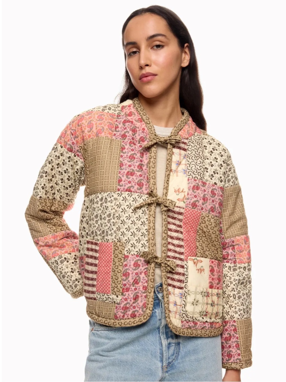 Sea New York Presley Quilted Patchwork Jacket Floral Tie Front Size Medium